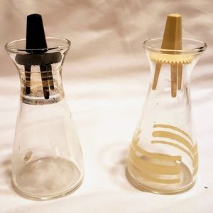 Vintage Pyrex Oil & Vinegar Cruet Set Gold Trim Atomic USA Black Tops